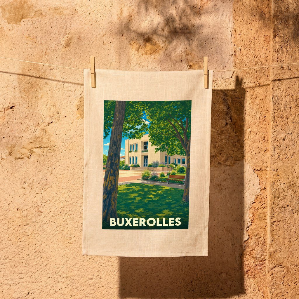 Torchon souvenir de la ville de Buxerolles orné d'une illustration stylisée de son hôtel de ville.