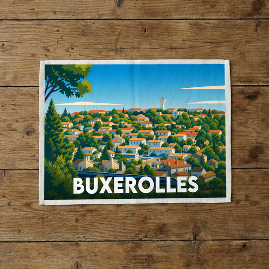 Torchon souvenir de la ville de Buxerolles avec une illustration stylisée.