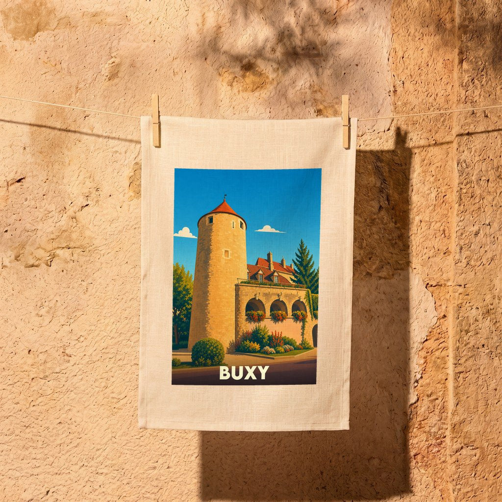 Torchon souvenir de la ville de Buxy avec une illustration stylisée d'une tour médiévale.