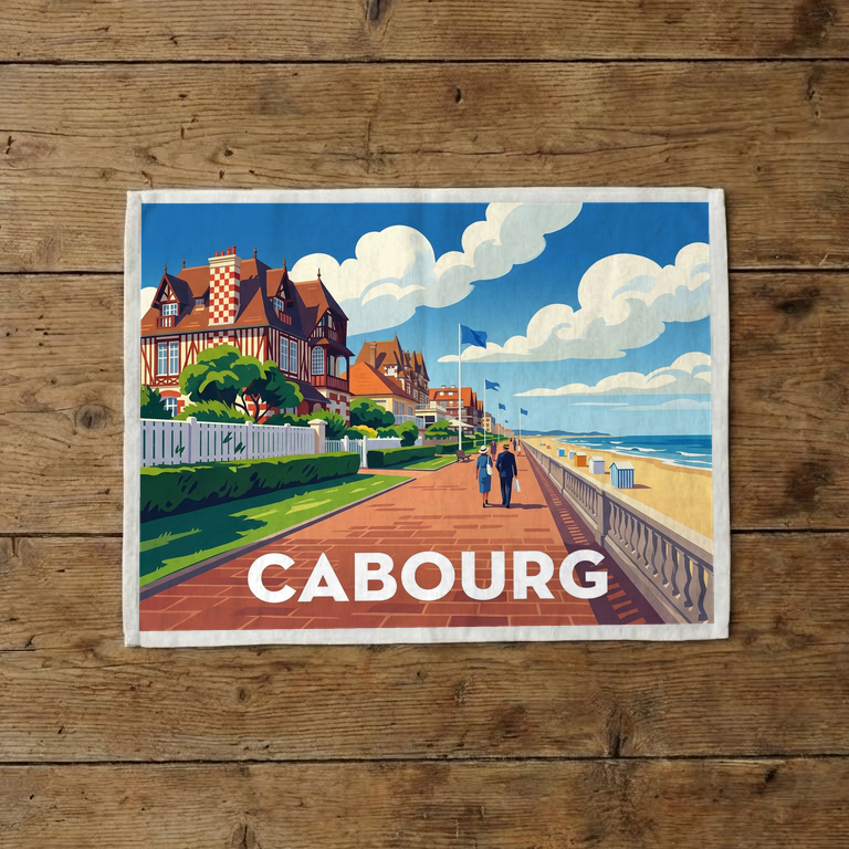 Torchon souvenir de la ville de Cabourg avec une illustration stylisée de son front de mer.