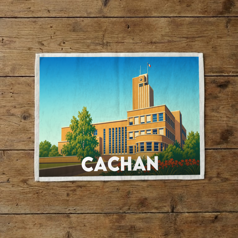 Torchon souvenir de la ville de Cachan avec une illustration stylisée de l'hôtel de ville.