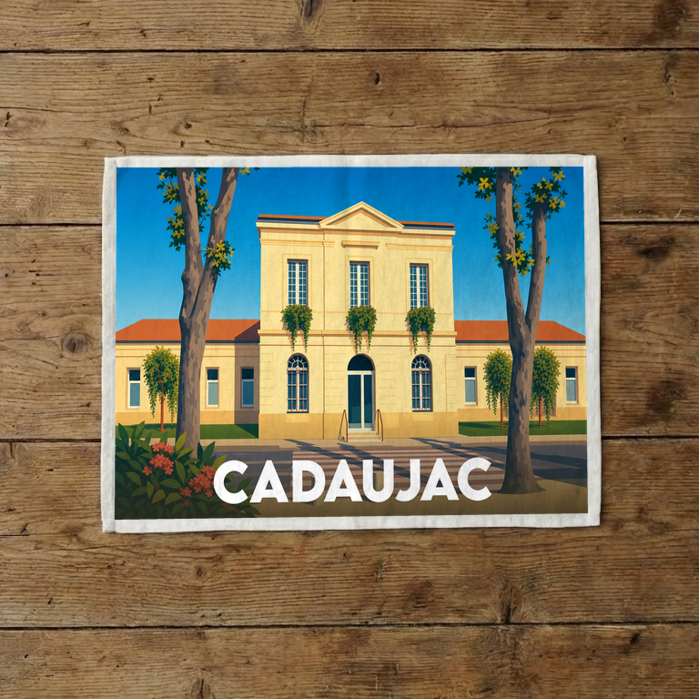 Torchon souvenir de la ville de Cadaujac avec une illustration stylisée de sa mairie.
