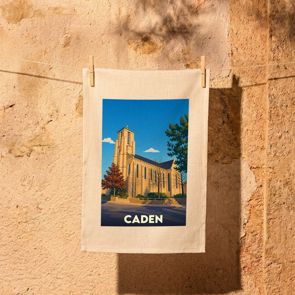 Torchon souvenir de la ville de Caden orné d'une illustration stylisée de son église.