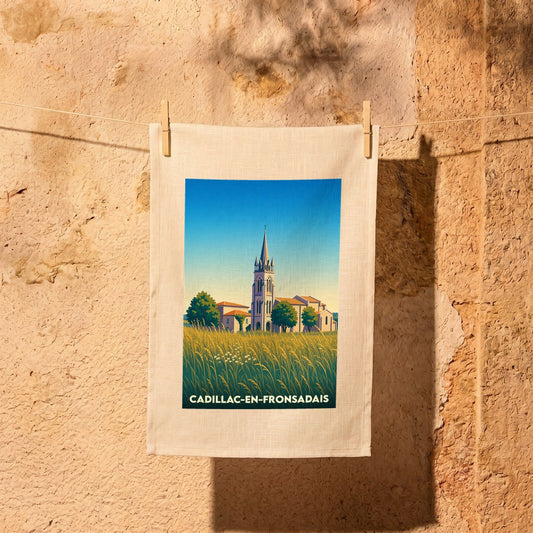 Torchon souvenir de Cadillac-en-Fronsadais orné d'une illustration stylisée de son église et d'un champ doré.