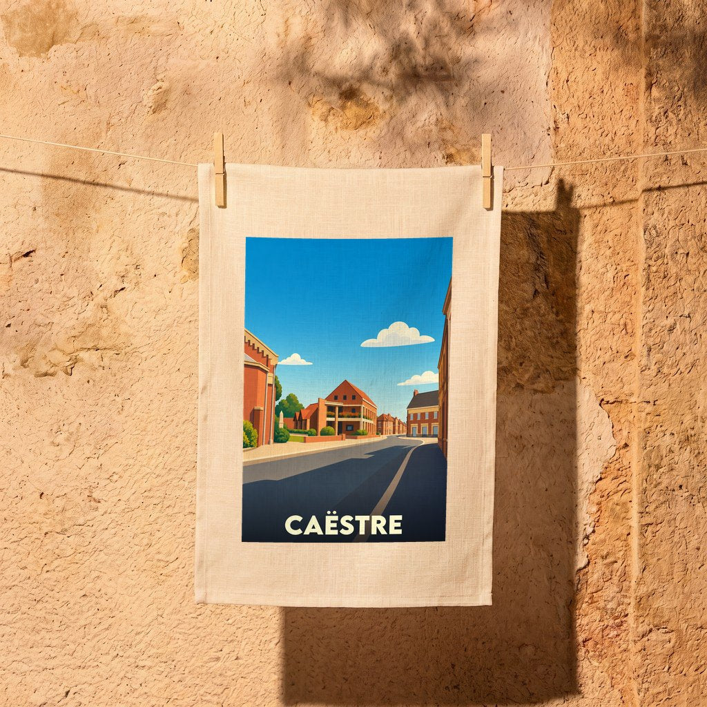 Torchon souvenir de la ville de Caëstre avec une illustration stylisée d'une rue ensoleillée.