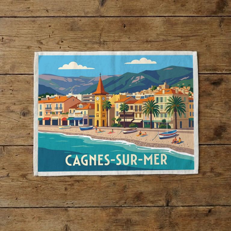 Torchon souvenir de la ville de Cagnes-sur-Mer avec une illustration stylisée de son littoral.