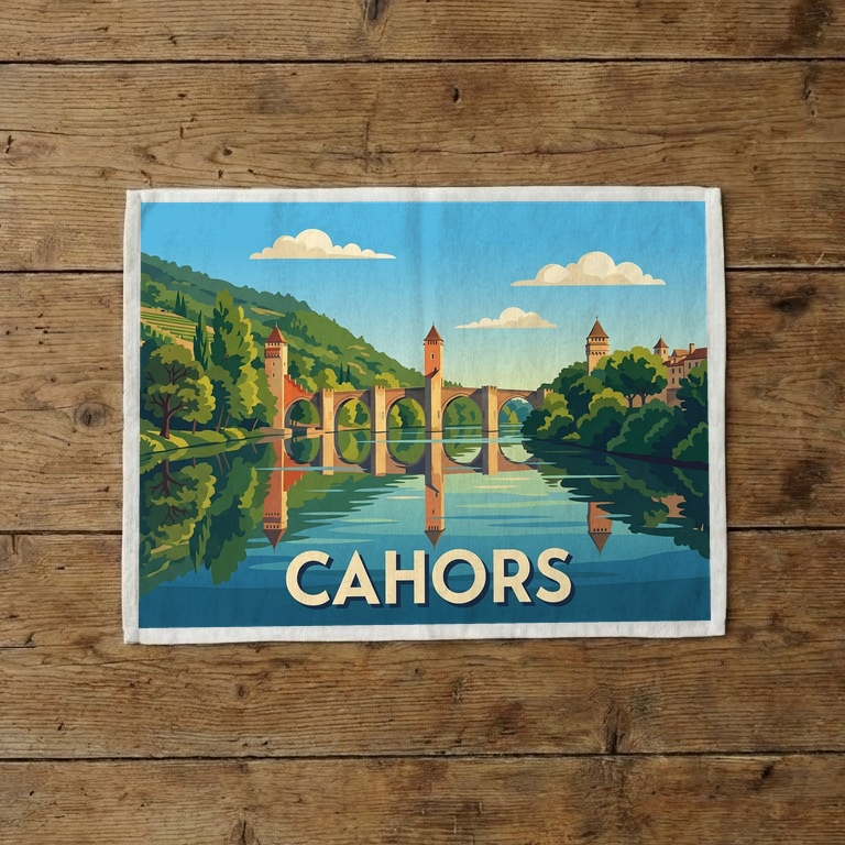 Torchon souvenir de la ville de Cahors avec une illustration stylisée du Pont Valentré.