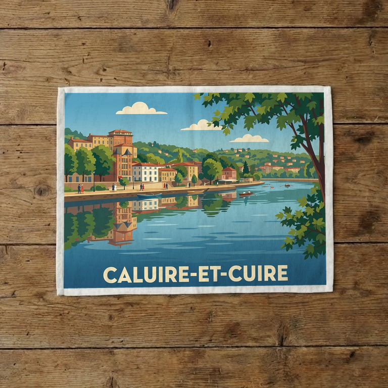 Torchon souvenir de la ville de Caluire-et-Cuire avec une illustration stylisée.