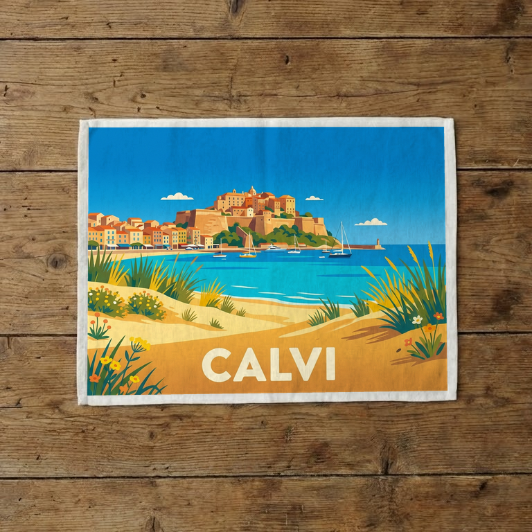Torchon souvenir de la ville de Calvi avec une illustration stylisée.
