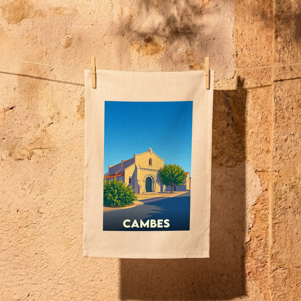 Torchon souvenir de la ville de Cambes avec une illustration stylisée de son église sous un ciel bleu.