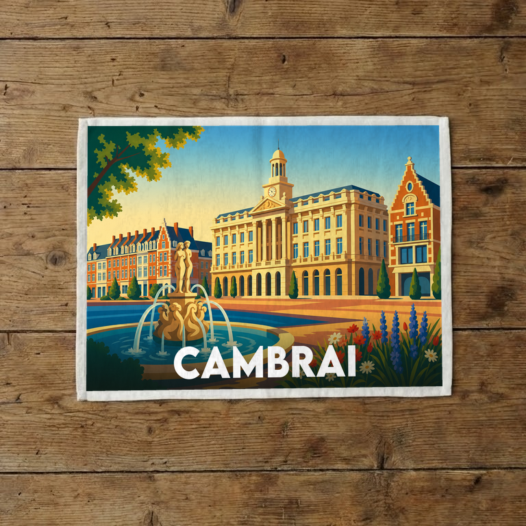 Torchon souvenir de la ville de Cambrai avec une illustration stylisée et colorée de son architecture.