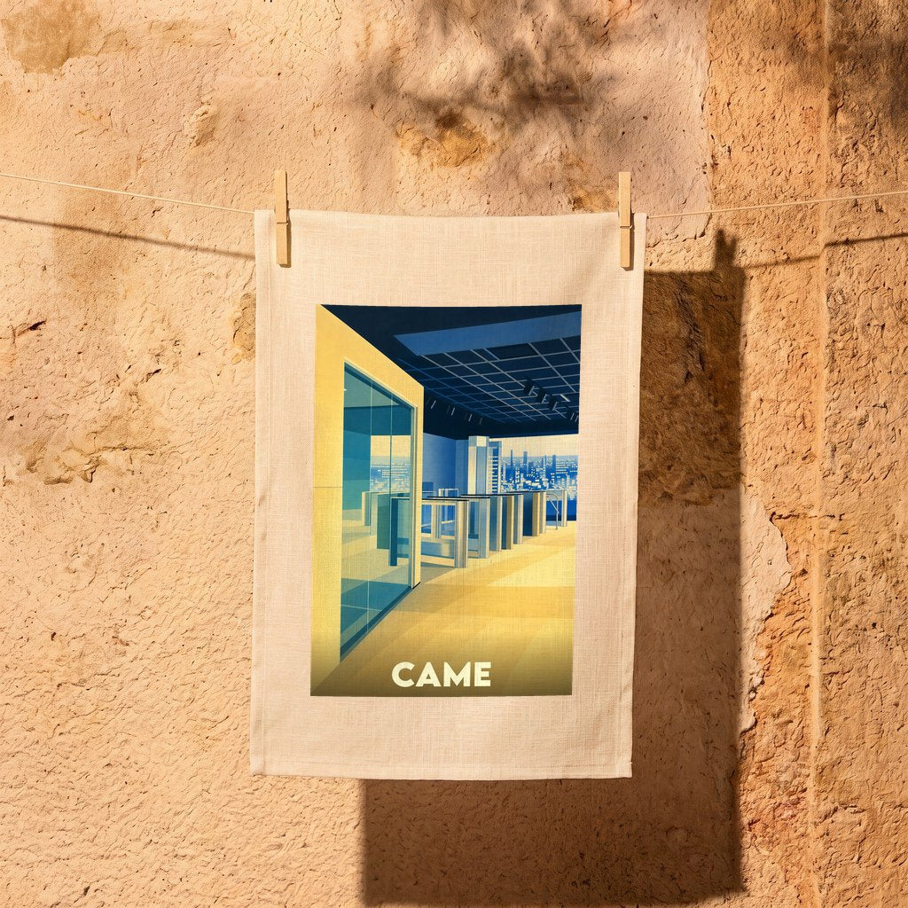 Torchon souvenir de la ville de Came avec une illustration stylisée d'un hall moderne.
