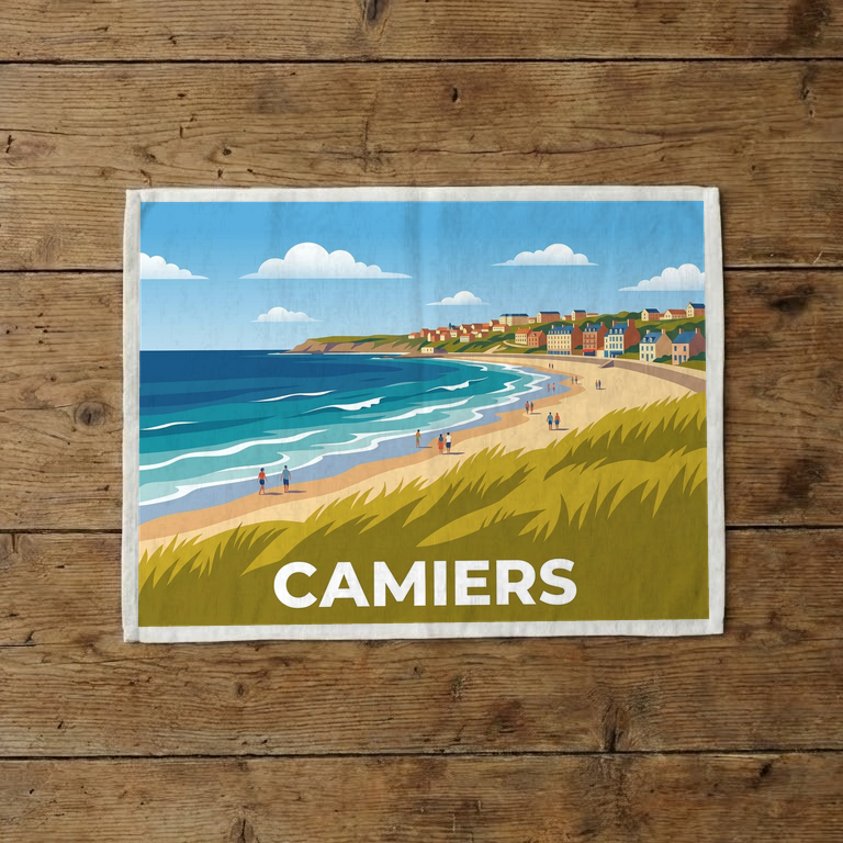 Torchon souvenir de la ville de Camiers avec une illustration stylisée de sa plage et de ses dunes.