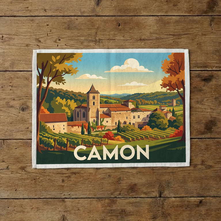 Torchon souvenir de la ville de Camon avec une illustration stylisée de son abbaye et de ses vignobles.