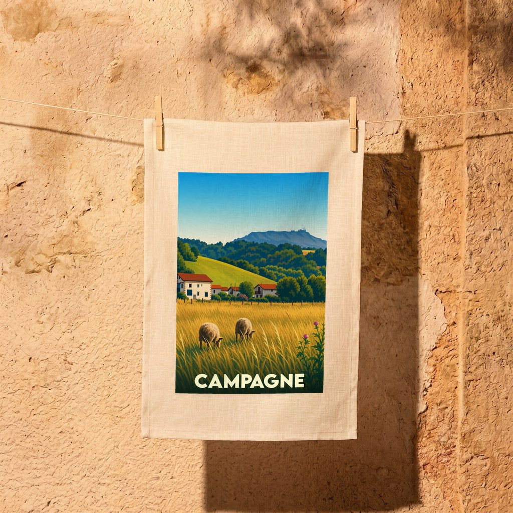 Torchon souvenir de la ville de Campagne avec une illustration stylisée d'un paysage rural.
