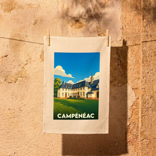 Torchon souvenir de la ville de Campénéac illustré d'un manoir sous un ciel bleu.