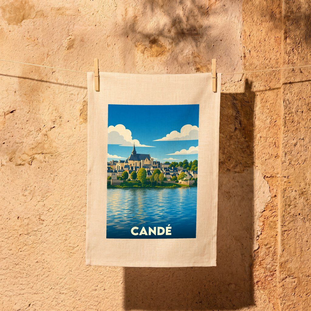 Torchon souvenir de la ville de Candé orné d'une illustration stylisée de son front de mer et de son église.