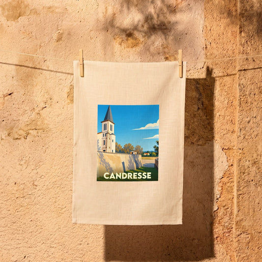 Torchon souvenir de la ville de Candresse avec une illustration stylisée.
