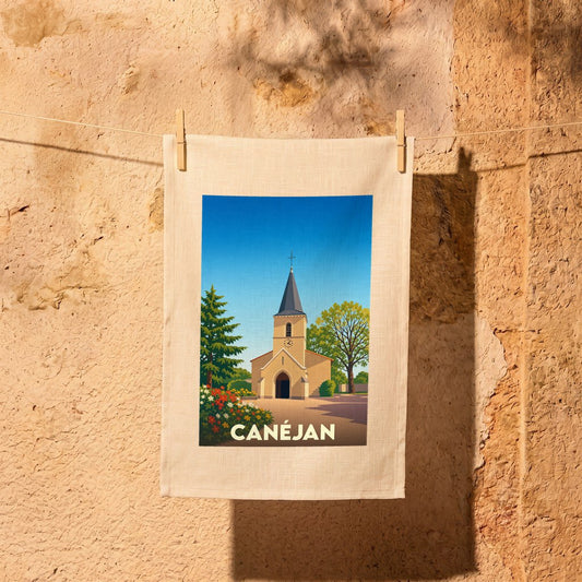 Torchon souvenir de la ville de Canéjan avec une illustration stylisée de son église.
