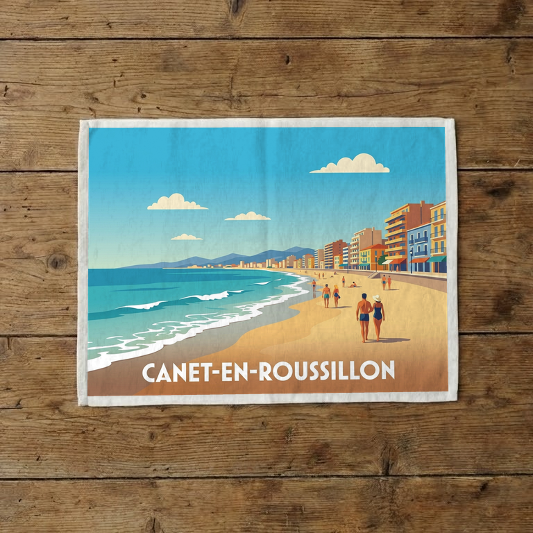 Torchon souvenir de la ville de Canet-en-Roussillon avec une illustration stylisée de sa plage.