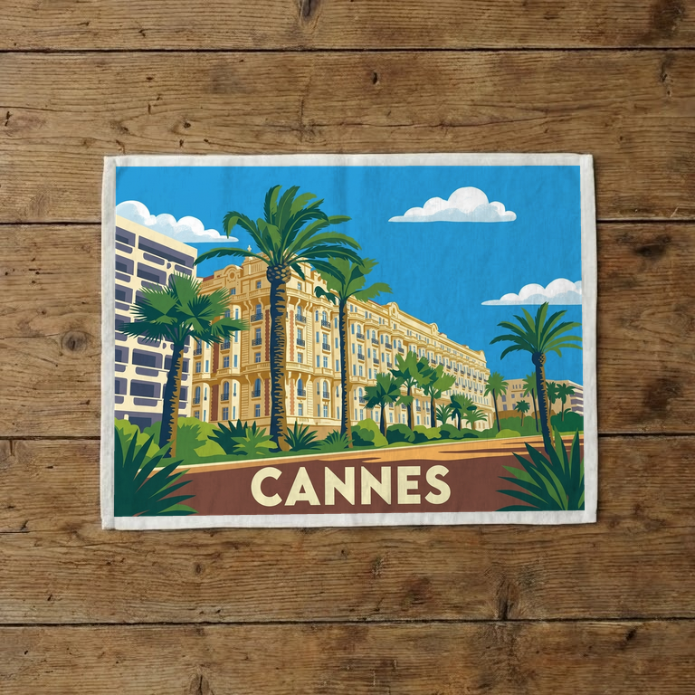 Torchon souvenir de la ville de Cannes avec une illustration stylisée représentant un palace et des palmiers.