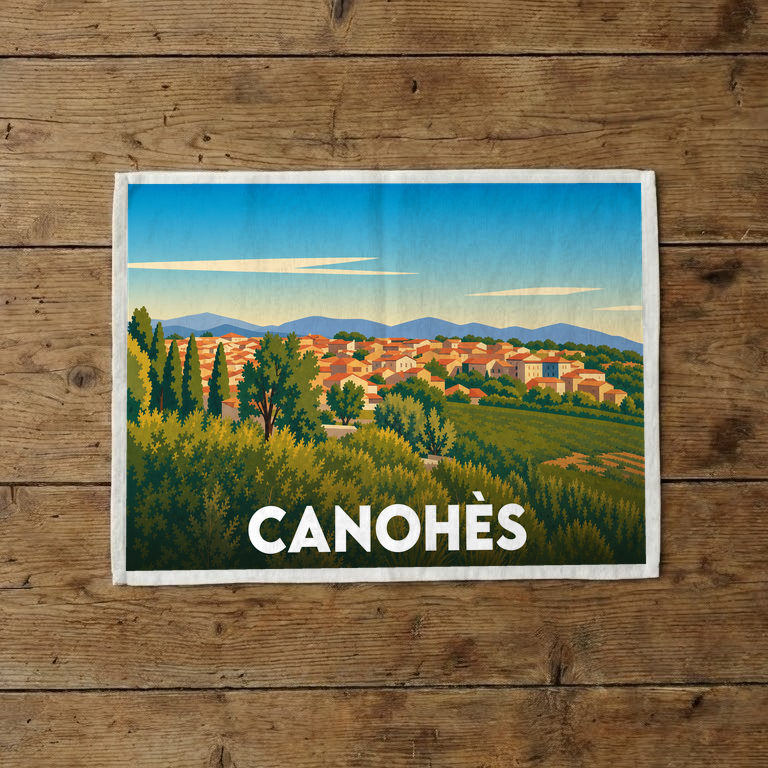 Torchon souvenir de la ville de Canohès avec une illustration stylisée.