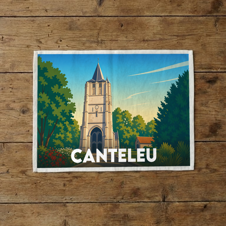 Torchon souvenir de la ville de Canteleu orné d'une illustration stylisée de son église.