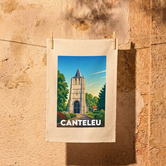 Torchon souvenir de la ville de Canteleu orné d'une illustration stylisée de son église.