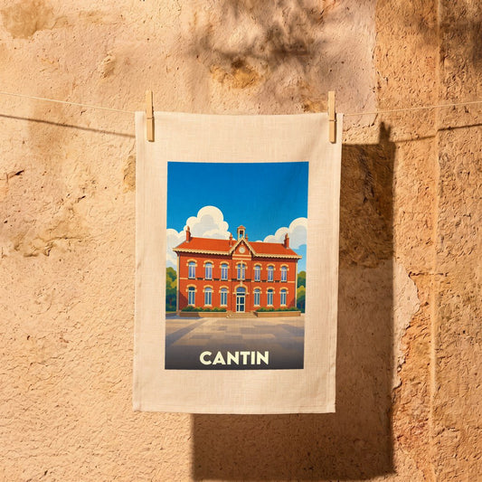 Torchon souvenir de la ville de Cantin avec une illustration stylisée de sa mairie.
