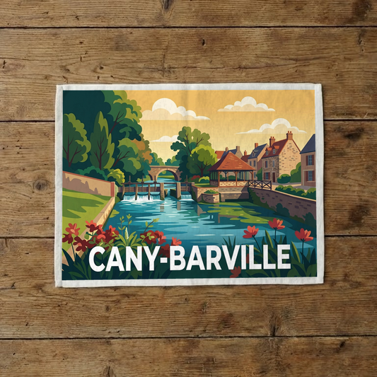 Torchon souvenir de la ville de Cany-Barville avec une illustration stylisée d'un paysage au bord de l'eau.