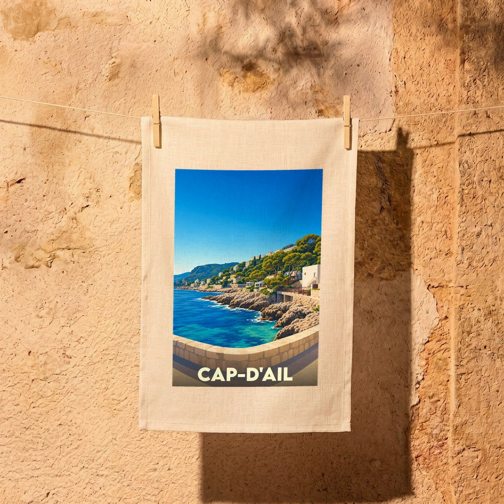 Torchon souvenir de la ville de Cap-d'Ail avec une illustration stylisée de son littoral escarpé.
