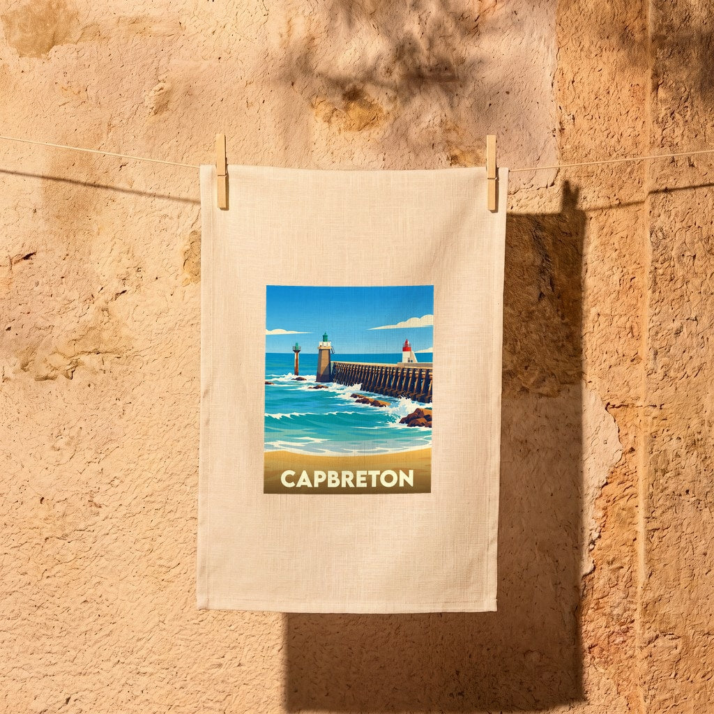Torchon de cuisine souvenir de la ville de Capbreton orné d'une illustration stylisée de son emblématique estacade.