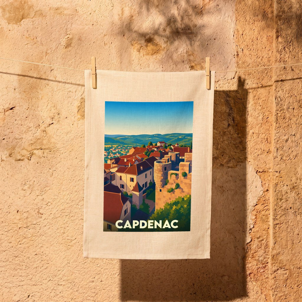 Torchon souvenir de la ville de Capdenac avec une illustration stylisée.