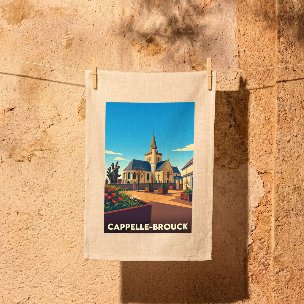Torchon souvenir de la ville de Cappelle-Brouck avec une illustration stylisée de son église.