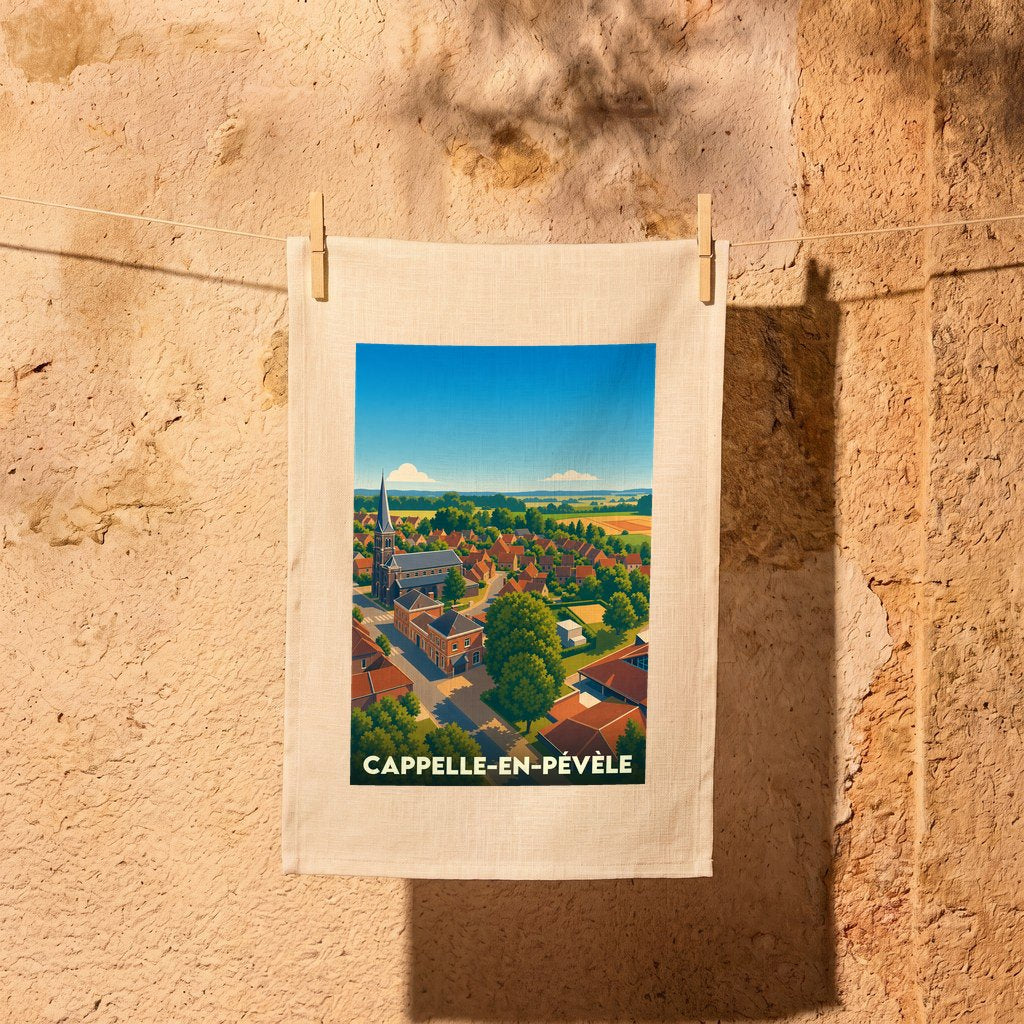 Torchon souvenir de la ville de Cappelle-en-Pévèle avec une illustration stylisée.