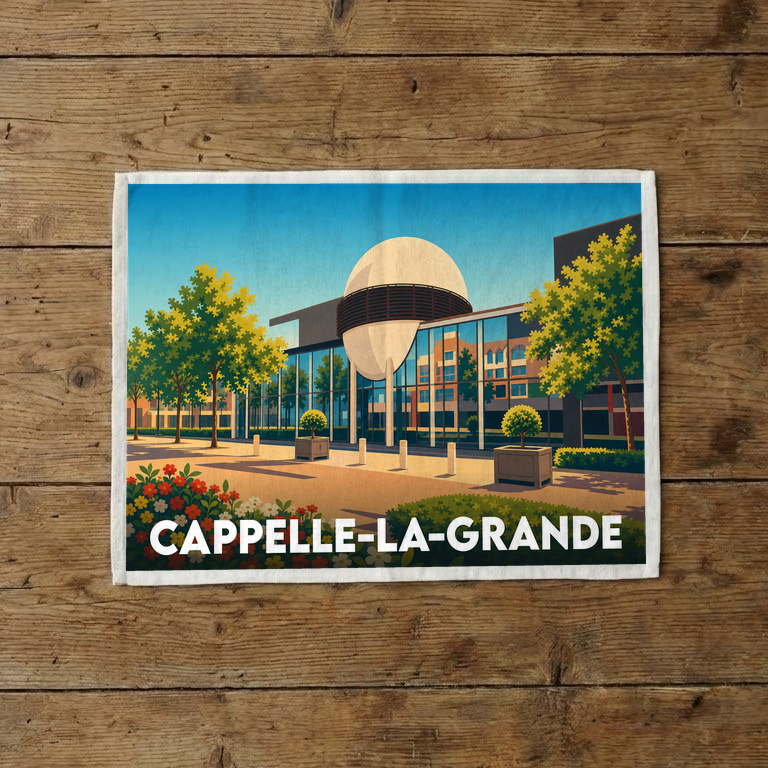 Torchon souvenir de la ville de Cappelle-la-Grande avec une illustration stylisée du PLUS - Palais de l'Univers et des Sciences.