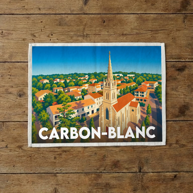 Torchon souvenir de la ville de Carbon-Blanc avec une illustration stylisée de son église et de ses toits.