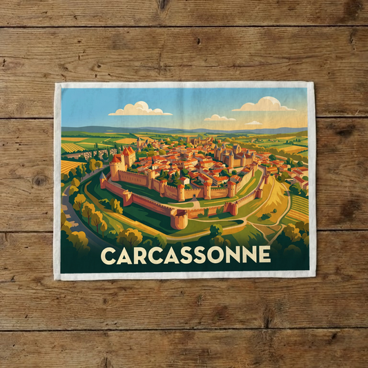 Torchon souvenir de la ville de Carcassonne avec une illustration stylisée de sa cité médiévale.