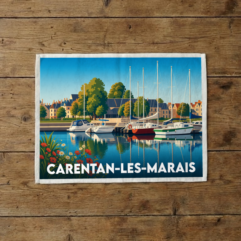 Torchon souvenir de la ville de Carentan-les-Marais illustrant un port de plaisance avec des voiliers et des fleurs colorées au premier plan.