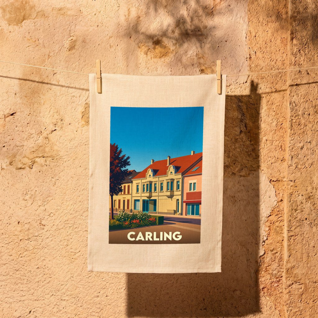 Torchon souvenir de la ville de Carling avec une illustration stylisée d'une rue colorée.