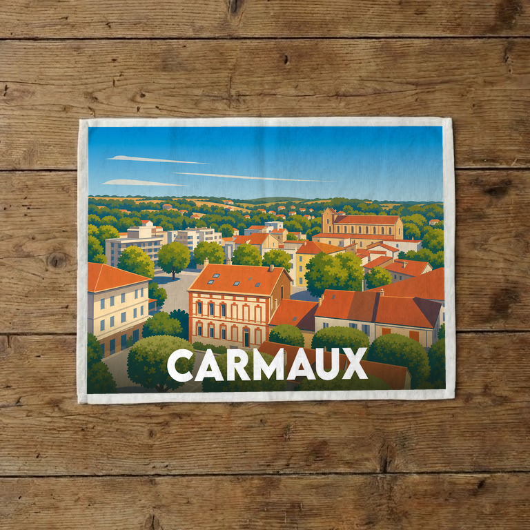 Torchon souvenir de la ville de Carmaux avec une illustration colorée et stylisée.