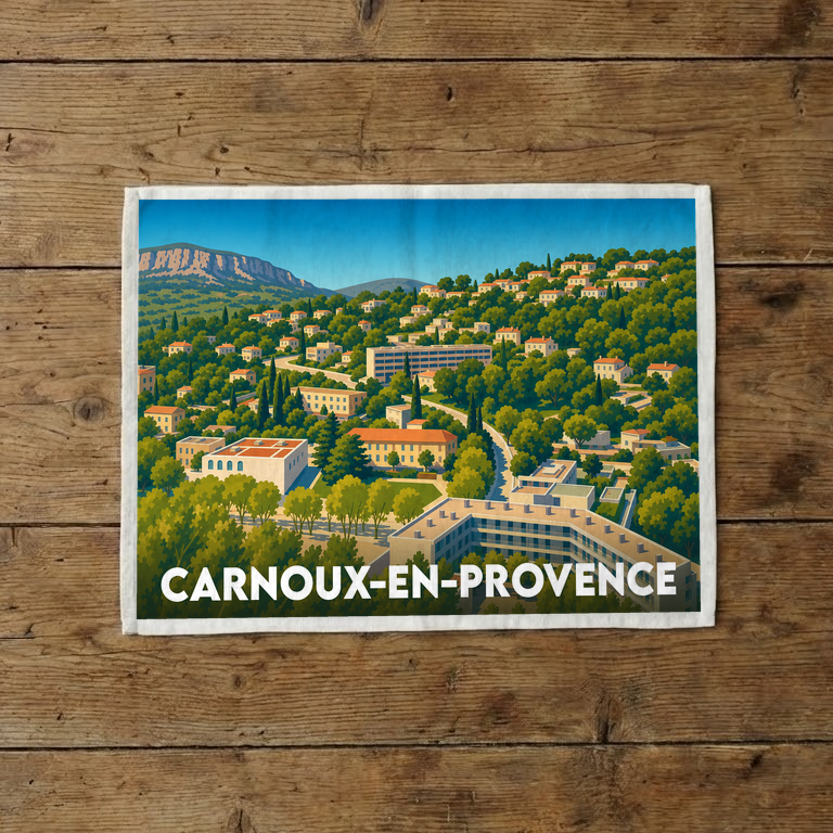 Torchon souvenir de Carnoux-en-Provence orné d'une illustration paysagère stylisée de la ville.