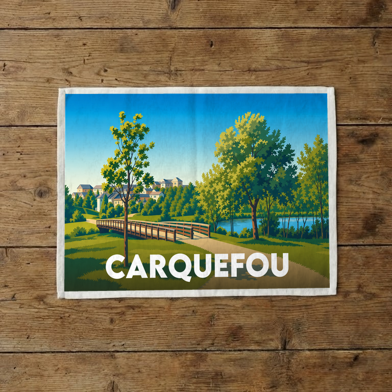 Torchon souvenir de la ville de Carquefou avec une illustration paysagère stylisée.
