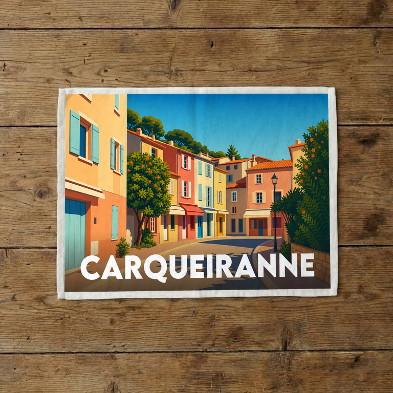 Torchon souvenir de la ville de Carqueiranne orné d'une illustration stylisée de ses rues colorées.