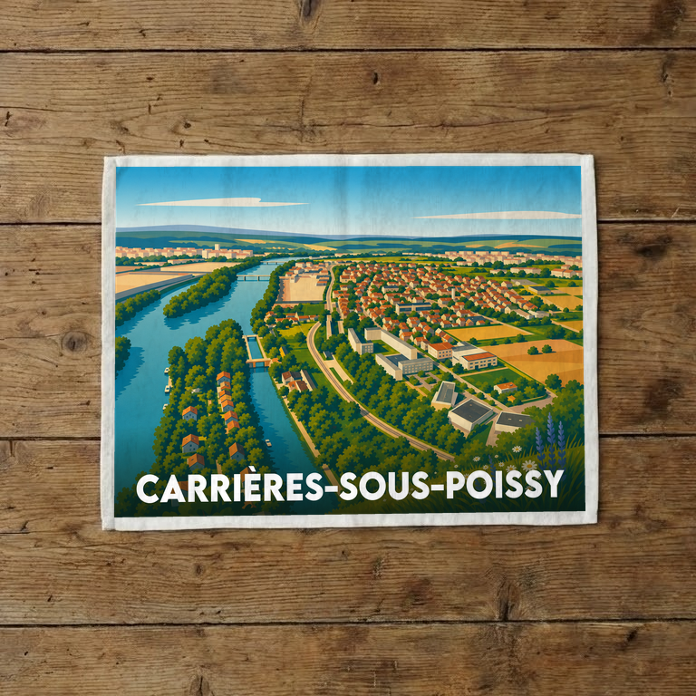 Torchon souvenir de la ville de Carrières-sous-Poissy avec une illustration stylisée.