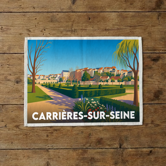 Torchon souvenir de la ville de Carrières-sur-Seine avec une illustration stylisée d'un parc.