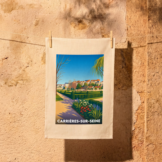 Torchon souvenir de la ville de Carrières-sur-Seine avec une illustration stylisée d'un parc.