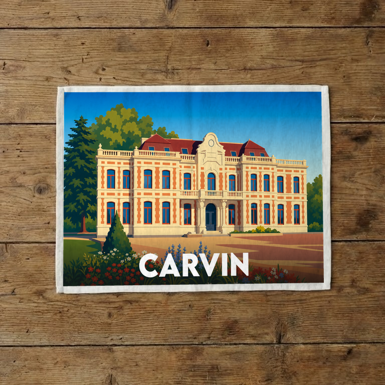 Torchon souvenir de la ville de Carvin avec une illustration stylisée de l'hôtel de ville.