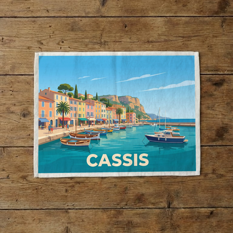 Torchon souvenir de la ville de Cassis avec une illustration stylisée du port et de ses bateaux.