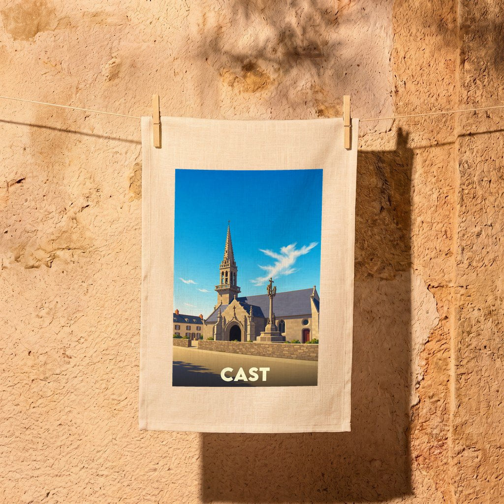 Torchon souvenir de la ville de Cast avec une illustration stylisée de son église et de son calvaire.